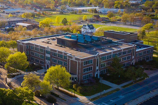 aerial image of a campus building